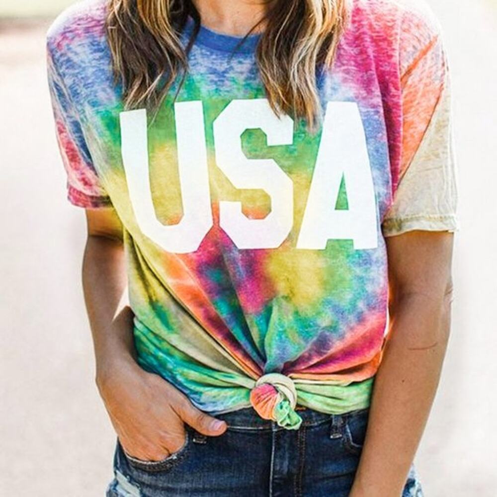 Dreamkue Women's Multi Color Tie Dye USA Crew Neck T Shirt Size XL